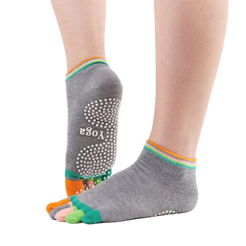 Chaussettes de Yoga à cinq doigts pour femmes, antidérapantes, colorées, en coton, avec poignées et points en Silicone antidérapants, tailles 34 à 39, paire/lot: Gray