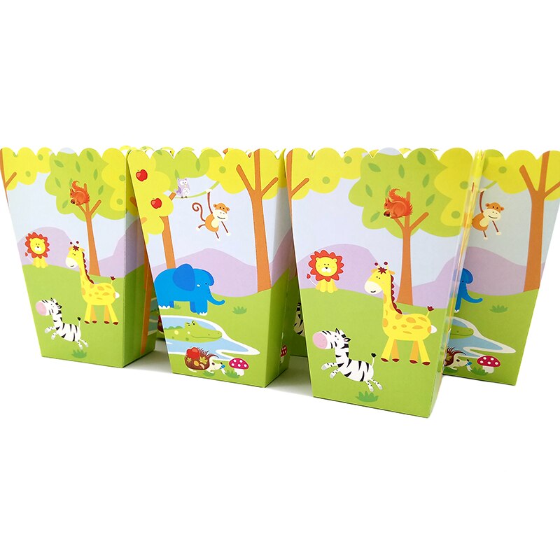 6Pcs Popcorn Box Gunst Chips Containers Voor Kids Jungle Dier Leeuw Tijger Verjaardagsfeestje Baby Shower Decoratie Benodigdheden