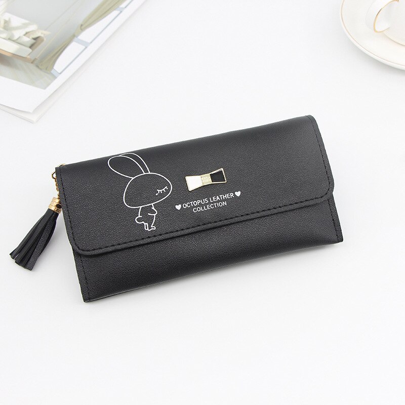 Carteira feminina longa carteira feminina bolsas borla moeda bolsa titular do cartão carteiras feminino couro do plutônio bolsa de dinheiro embreagem carteira de couro do plutônio: Black