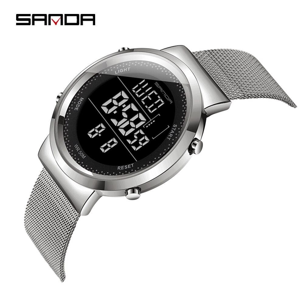Sanda koppelhorloge led digitaal dames herenhorloge roestvrij staal mesh riem waterdichte liefhebbers horloges relogio masculino: Mannen zilver