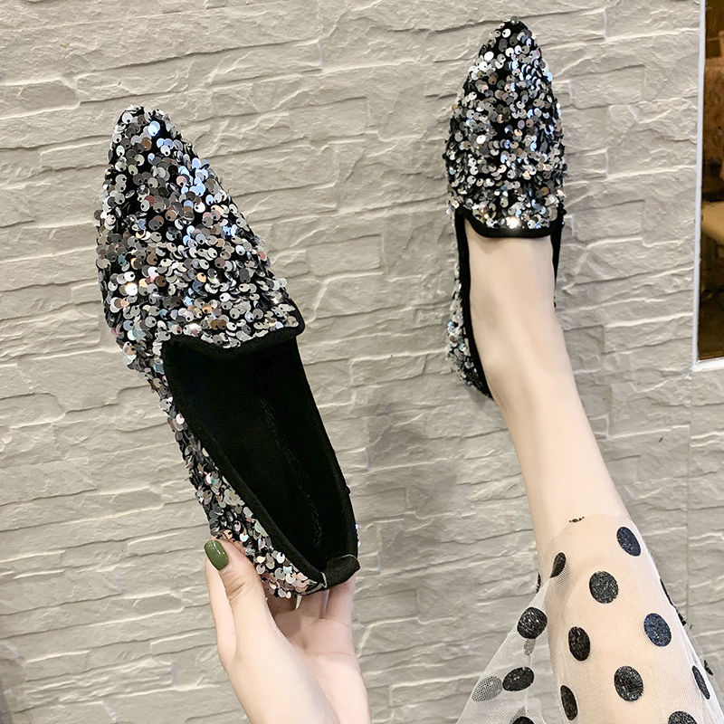 Pointed Toe Glitter Moccasins Women Shoes 35-40 Bling Loafers Espadrilles All-match Ballerina Woman Fairy Paillette Flats: Silver / 5
