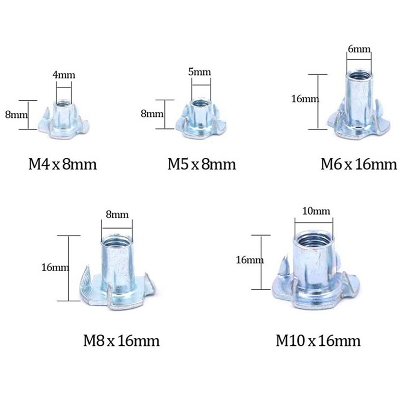 105 Pieces Of M4 5 6 8 10 Galvanized Steel T-Nut Four-Claw Nut Sorting Kit Suitable For Wooden Cabinet Furniture