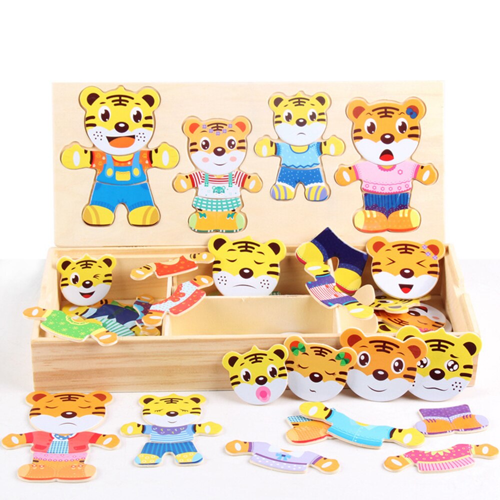 Little Rabbit/Tiger, ropa para niños, Educación Temprana, rompecabezas de madera, juego de vestidor, rompecabezas de madera para bebés, juguetes de