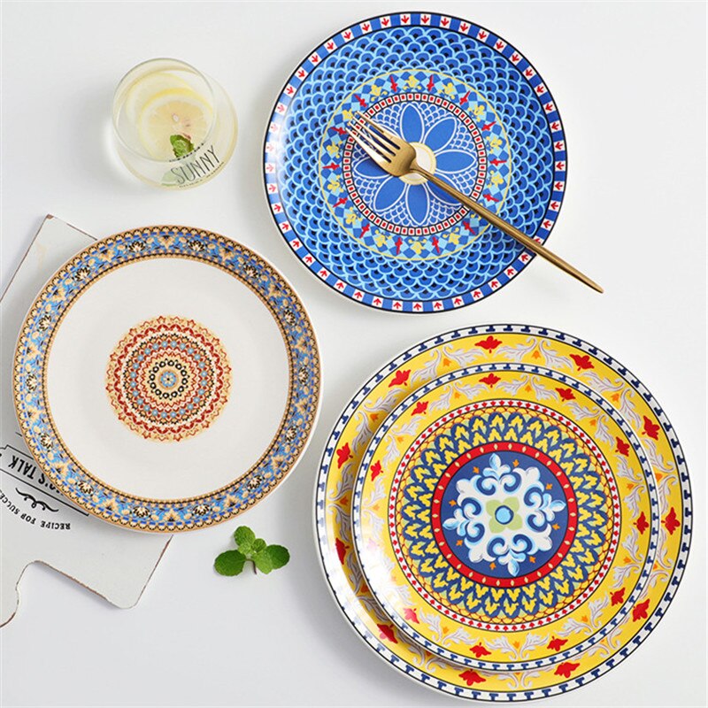 European Style Ceramic Bohemian Dinner Plate Hand Painted Dessert Fruit Plates Household Shallow Steak Dish Tableware