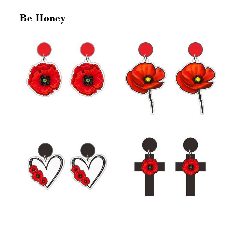 Rød valmue blomst sort kors hjerte form cirkel med blomster akryl ørestikker romantiske valmuer buket broche smykker