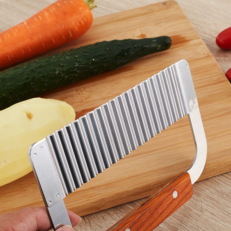 Aardappel Golvend Crinkle Hakmes Groente Franse Fry Cutter Houten Handvat Steel Blade Slicer Keuken Snijgereedschap Gadgets