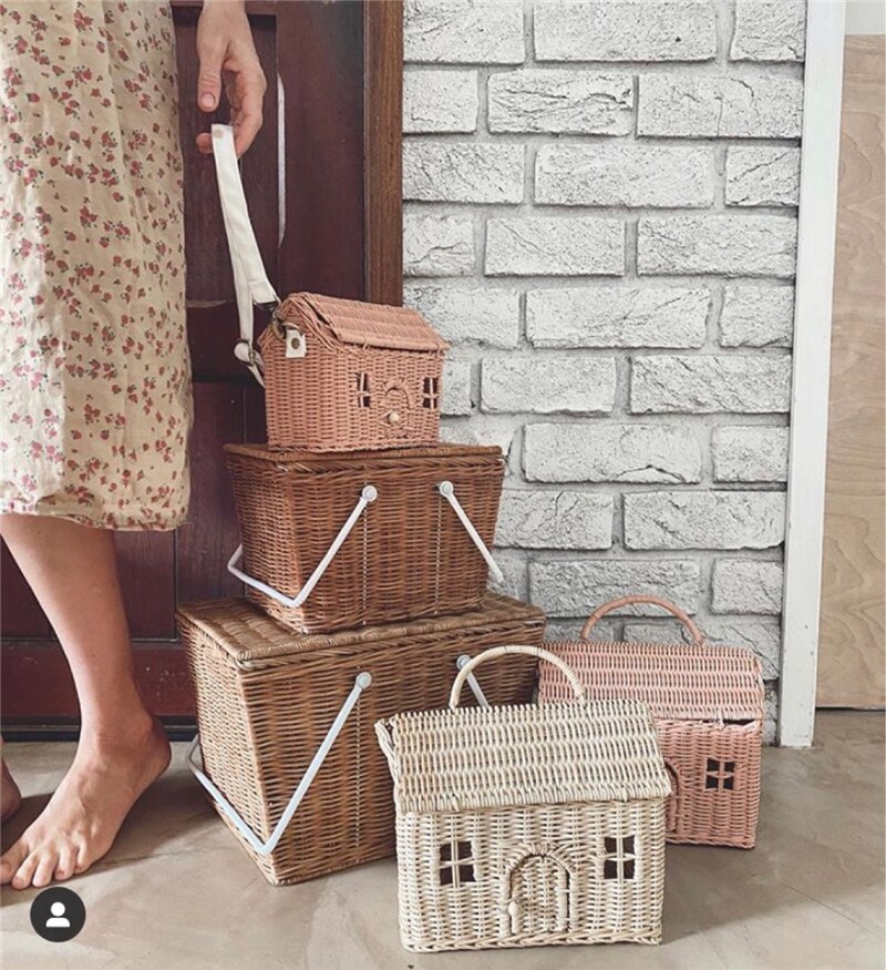Bolsos de mimbre con forma de casa para mujer, bolsas de mimbre tejidas, bolsos de hombro tipo bandolera, bolsa de paja de playa hecha a mano para verano