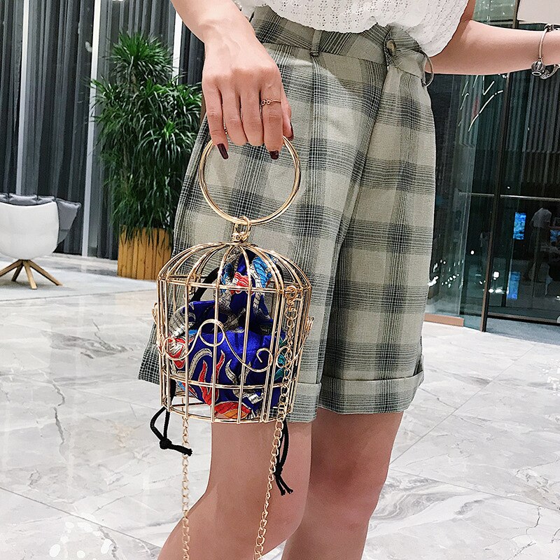Women's Birdcage Evening Bag Clutch Metal Frame Embroidery Bucket Bird Cage Mini Totes Ladies Purses Female Gold Tassel Handbags