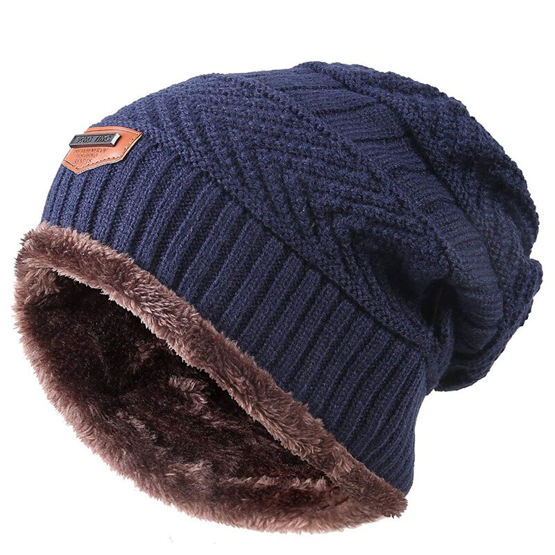 Men Warm Winter Knitted Beanie Hat Fleece Sullies Cap Black Male Casual Thick Soft Head Warmer: Navy Blue