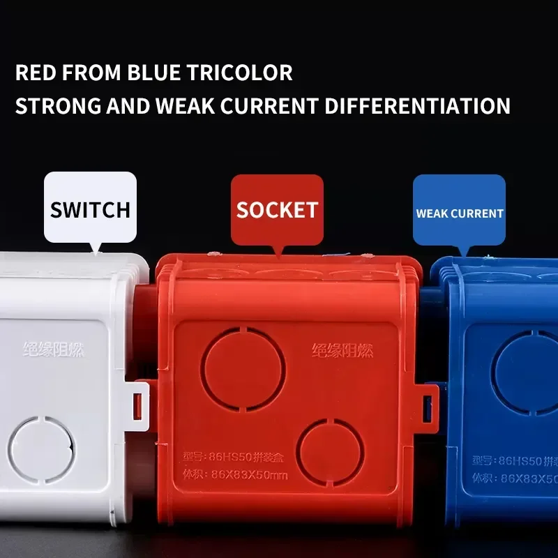 Type 86 Wall Mounting Switch Box Electrical Outlet PVC Bottom Universal Socket with Recessed & Wire Slots-White Blue Red