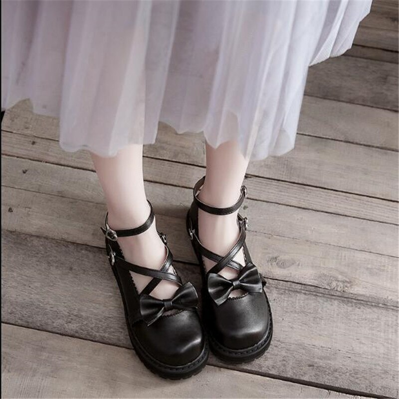 Pink sort hvid rød med sløjfe lolita sko jk uniform sko pu læder lolita sko  a949: Sort / 37