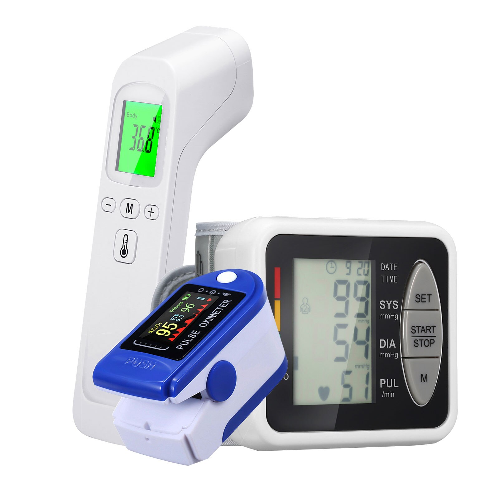 Wrist Blood Pressure Monitor LCD Display Tonometer + Finger Oximetry spo2 Finger Clip Heart Rate Monitor + Digital Thermometer: 09