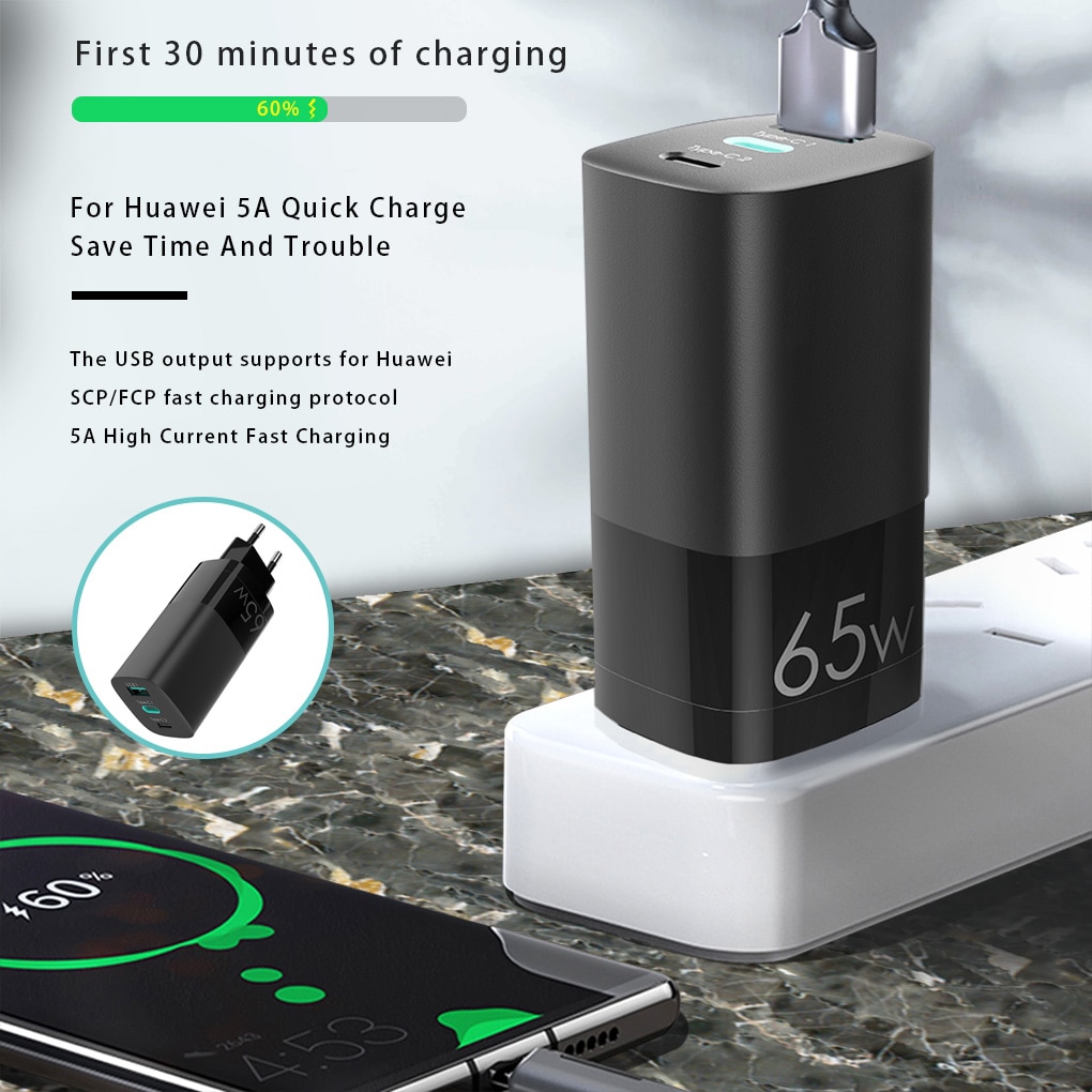 Chargeur mural 65W GaN QC3.0 Type C PD, double USB, adaptateur de Charge rapide pour iPhone 11 12 Xiaomi Huawei