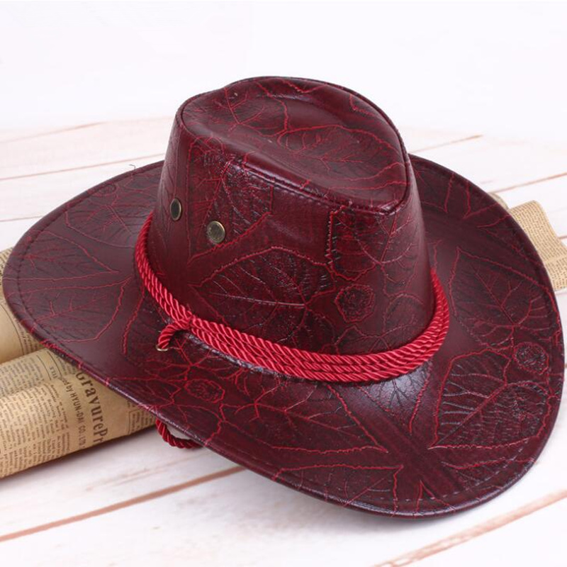 Classical Western Cowboy Hat For Men Women PU Leather Wide Brim Outdoor Jazz Sunhat Adjustable