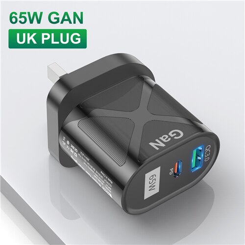 GTWIN 65W GaN PD Fast Charger Quick Charge QC3.0 USB-A Type C Fast USB C Charger For Huawei Xiaomi iPhone12 13 Pro Max X Macbook: UK Plug Black