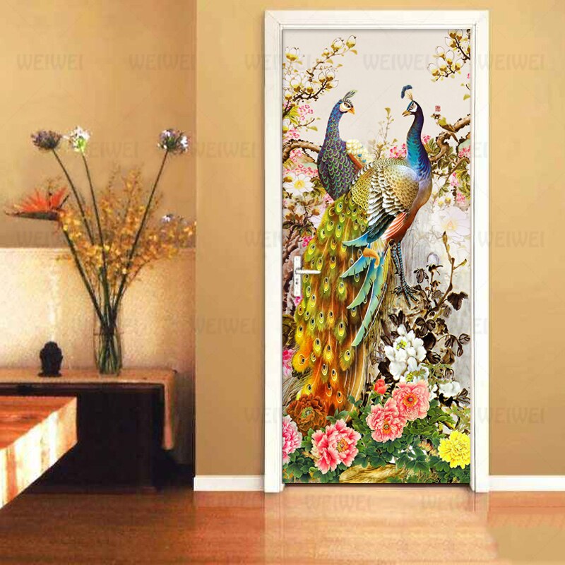 Chinese Style Door Sticker Romantic Peacock 3D Wallpaper Living Room Photo Wall PVC Waterproof Vinyl Mural Wall Paper Home Decor