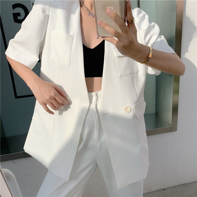 Blazer et costume bleu col en V, manches bouffantes, veste, ceinture, d'été, , bureau, blanc, vêtements à manches courtes