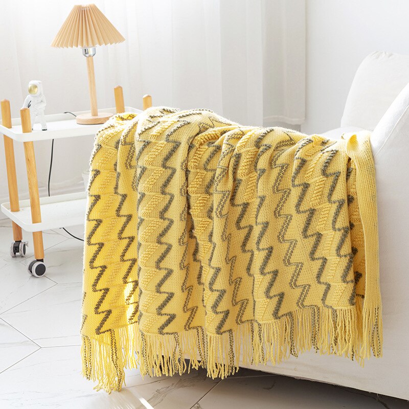 Yaapeet Winter Gebreide Gooi Deken Super Zachte Lichtgewicht Streep Met Kwastje Deken Gooi Sofa Decoratieve Bed Deken: YELLOW