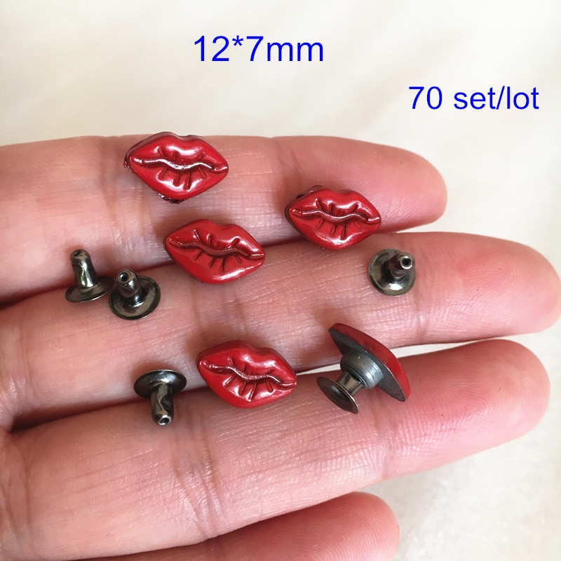 70 de Boca roja remache espárragos 12*7mm rojo de labios remache de Punta pendientes cuero de adornos para manualidades remache bolsas de zapatos cinturón DIY remache