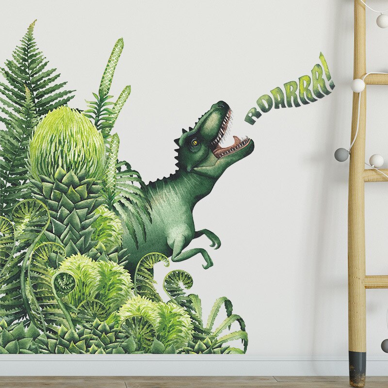 Tropical Green Plant Dinosaur Wall Stickers Children's Bedroom Wall Stickers Nursery Dinosaur Wall Decoration Art Wallpaper