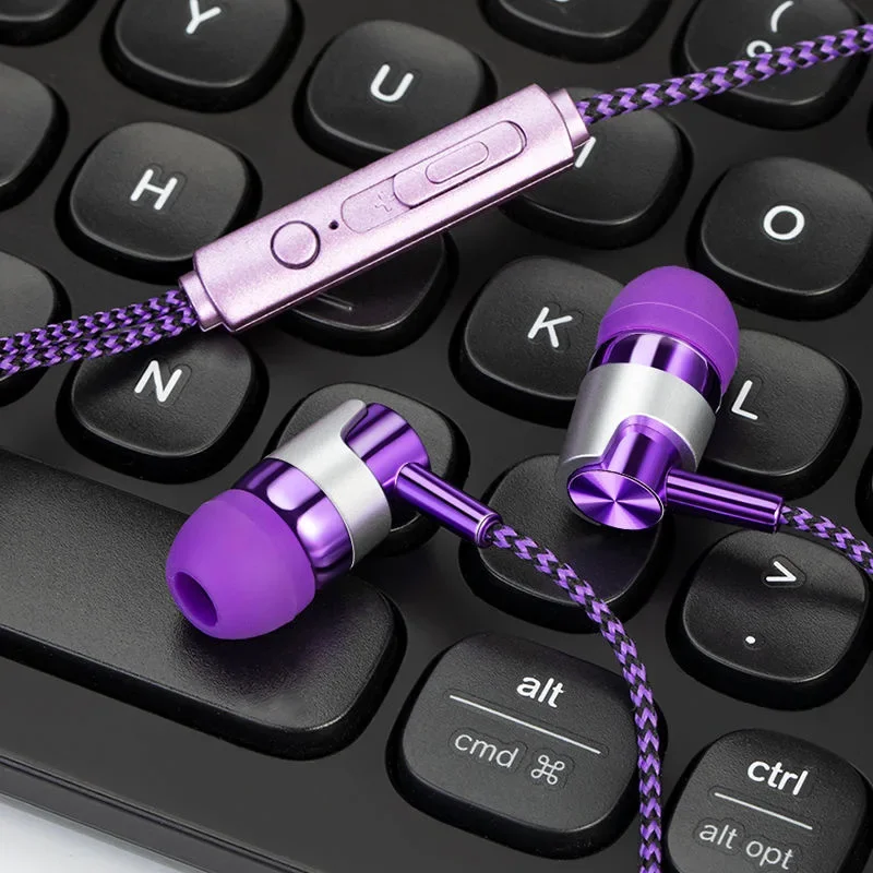 3,5 mm in-ear stereo oordopjes hoofdtelefoon bedraad nylon geweven kabel oortelefoon headset met microfoon voor telefoons tablet laptop universeel