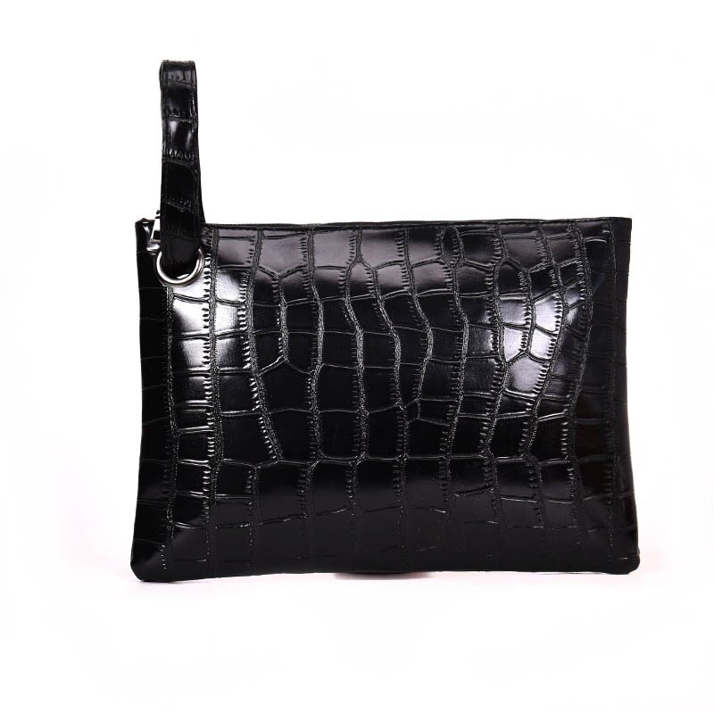 Kvinder alligator pu læder dokumentmappe luksus håndtaske konvolut stor clutch lynlås pung wristlet taske: Sort