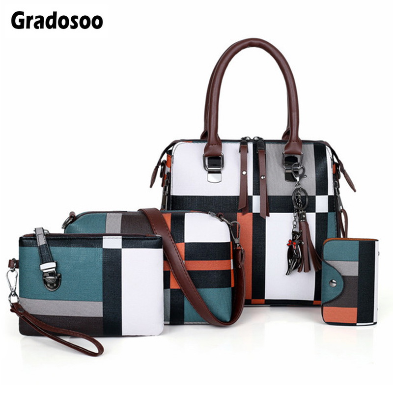 Gradosoo Plaid Patroon Handtassen 4 Sets Vrouwen Lederen Portemonnee en Handtas Bag Vrouwelijke Kwastje Schoudertas Vrouwen Crossbody Tas LBF651