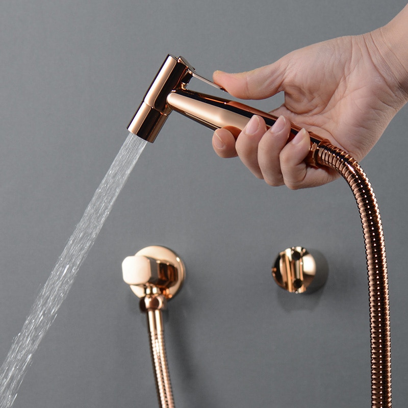 Bathroom Toilet Bidet Tap Kit. Brushed Gold Wall Mounted Bidet Sprayer Shower With Shut-Off Valve Black , Rose Gold Shattf