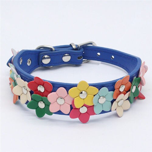 Colours Flower Studded Dog Coller Collar Pu Leather Pet Puppy Cat Neck Strap: Dark Blue / M