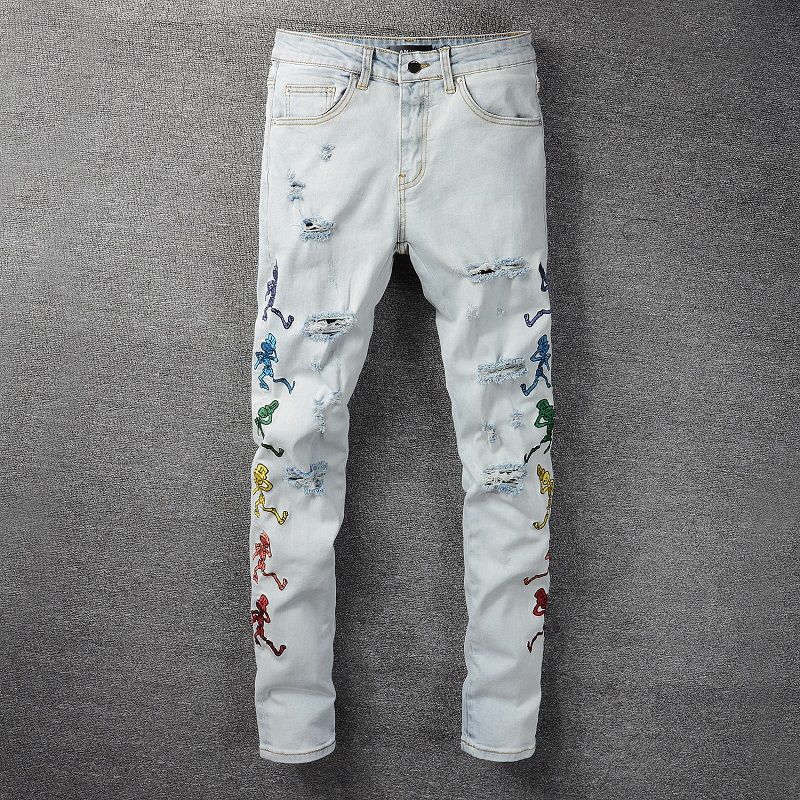 Luxury Embroidery Brand Jeans Hombre Skinny Light Blue Denim Jeans Men High Street Punk Rock Ripped Distress Jeans Plus Size