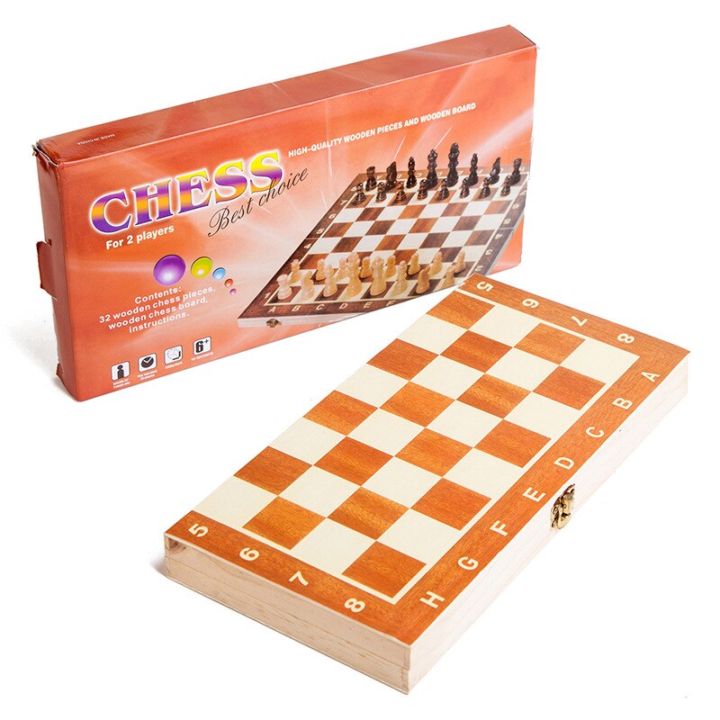 Chess Set Wooden Chess Game Backgammon Checkers Indoor Travel Chess Wooden Folding Chessboard Chess Pieces Chessman