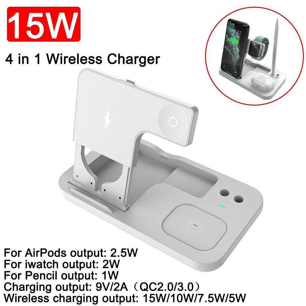 15W Qi Wireless Charging Fast Charging Stand 4in1 For Apple Watch Pencil For iPhone 12 Pro Max Airpods Charging Dock Station: 15W White