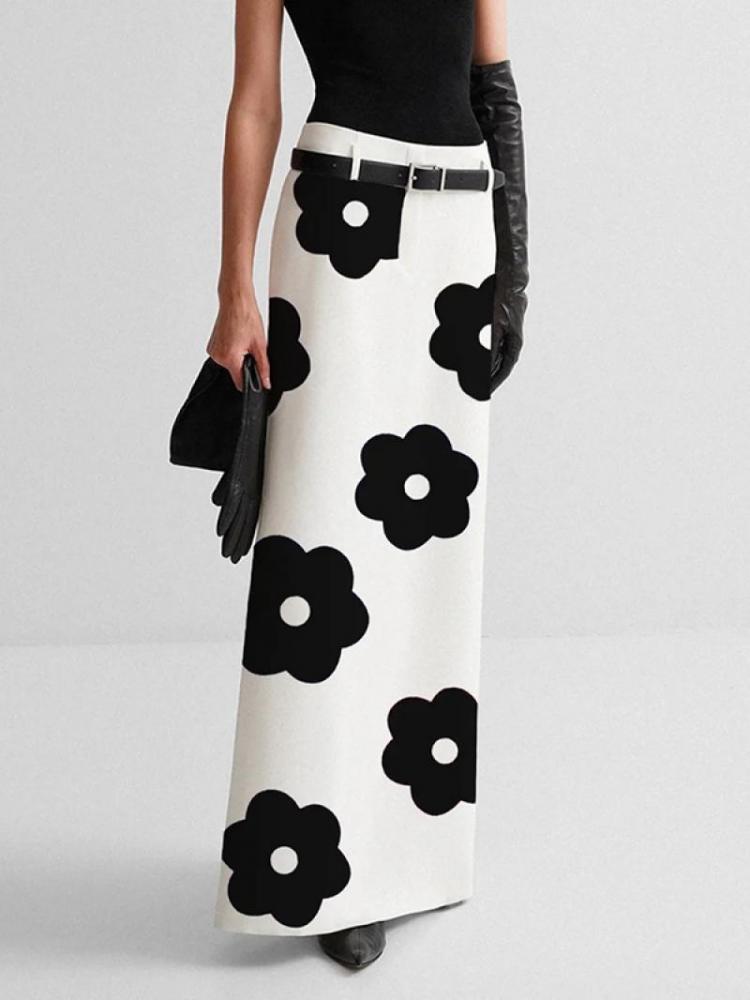 Bonboho Black and White Women's Skirt High Waist Floral Printed H-line Skirts Split-back Regular Fit Floor Length Bottoms