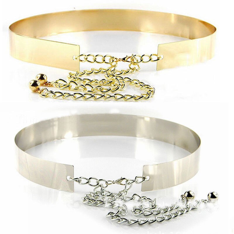 Womens Gold Plate Full Metal Mirror Waist Belt Metallic With Chains Belt