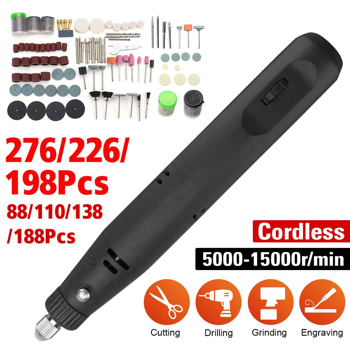 198/226/276Pcs Cordless Electric Grinder Drill Variable Speed Rechargeable Mini Grinding Machine Engraver Pen 15000 r/min