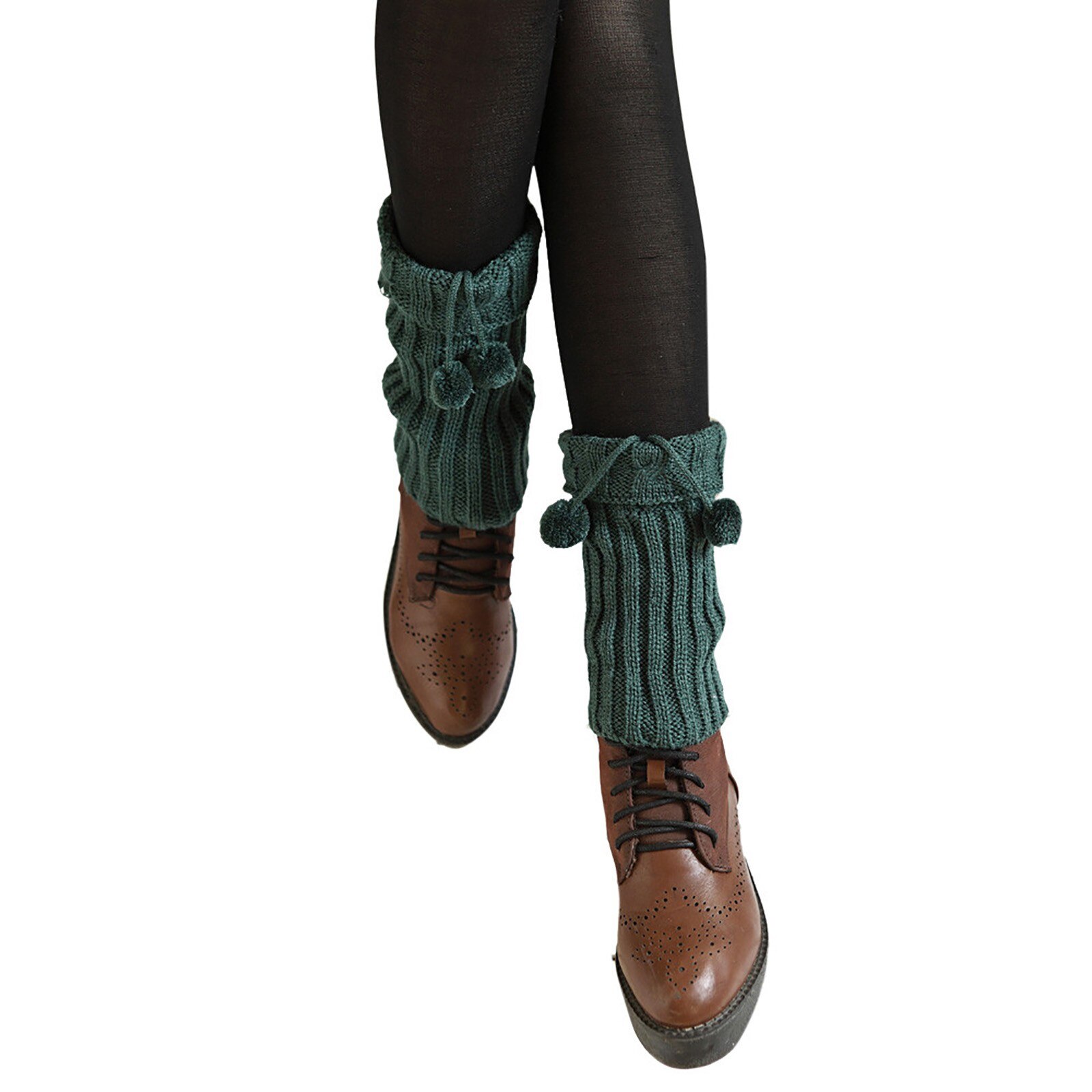 Calentador de piernas para mujer, 1 par, cálido, hasta la rodilla, punto giratorio, Bola de Pelo, ganchillo, calcetines, calentadores de bota: Green