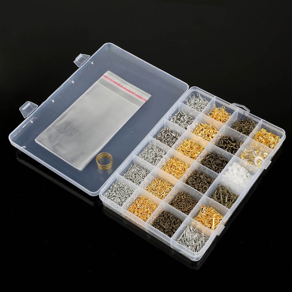1 boîte 15/24 grille bijoux à bricoler soi-même matériaux de fabrication anneaux/homard fermoir/crochet/Torus/aiguille/Clip/bouchons d'oreilles faisant boîte perles Kit