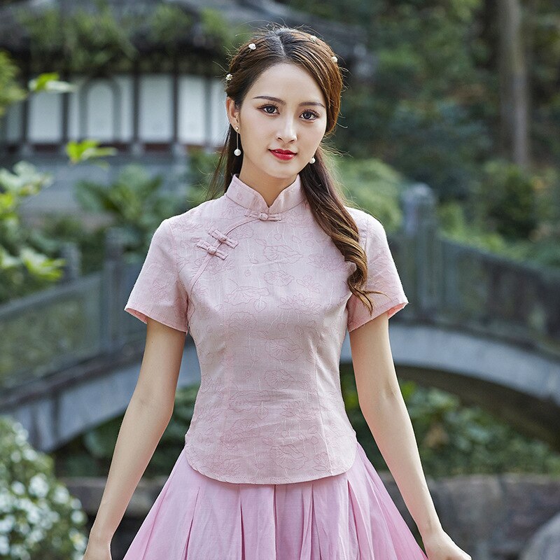 Sheng coco rosa kinesiske skjorter dame jacquard bomull qipao skjorte hanfu tradisjonelle topper kinesisk stil te service klær