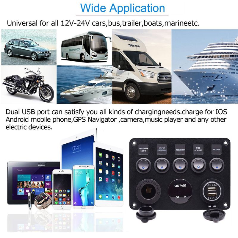 5 Gang ON-OFF Toggle Switch Panel 2USB 12V for Car Boat Marine RV Truck Camper 87HE