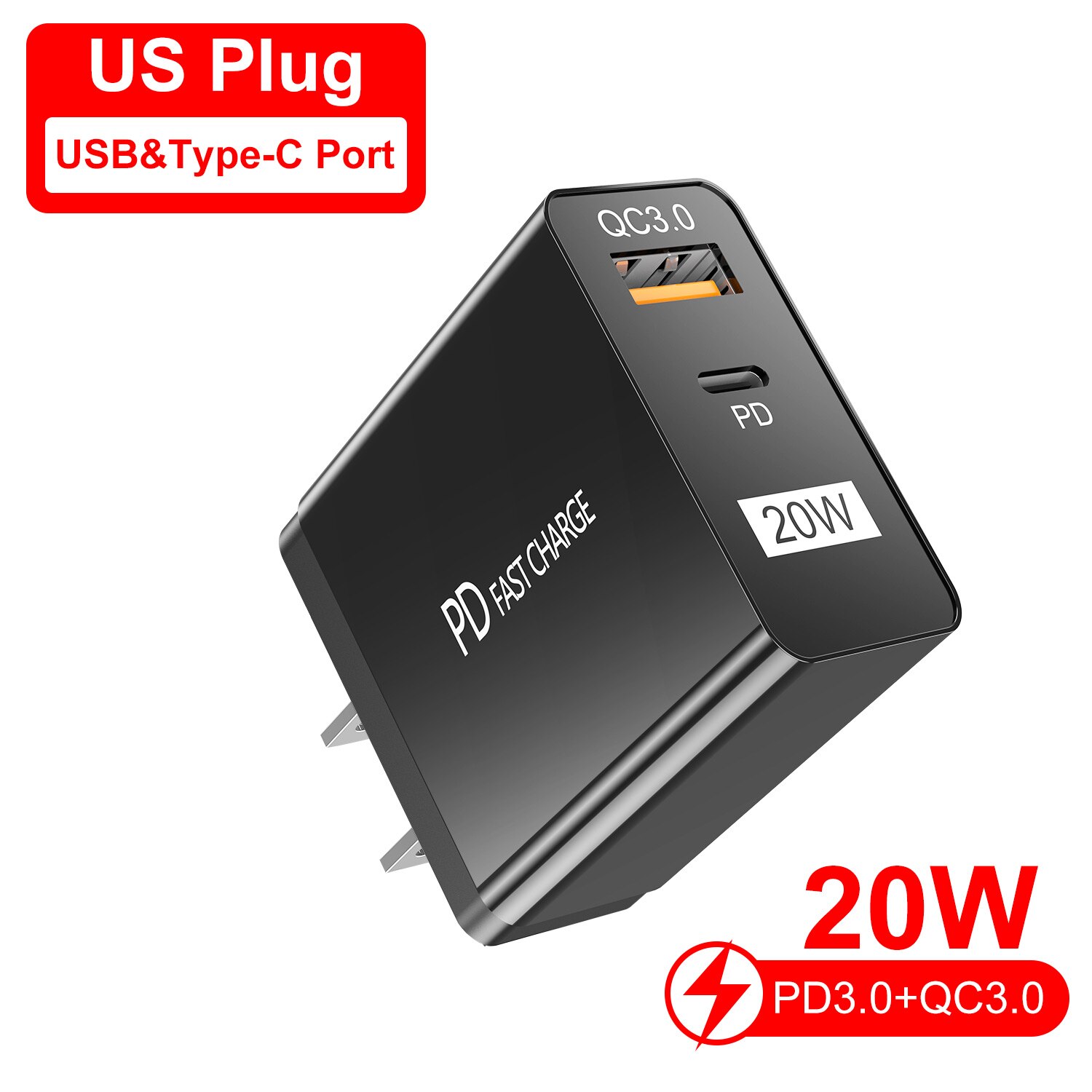 Gtwin  pd20w schnelllade-wandladegerät mit eu/us-stecker, usb-typ-c-netzteil für xiaomi 9, 8  s10 und iphone 12: Schwarz uns
