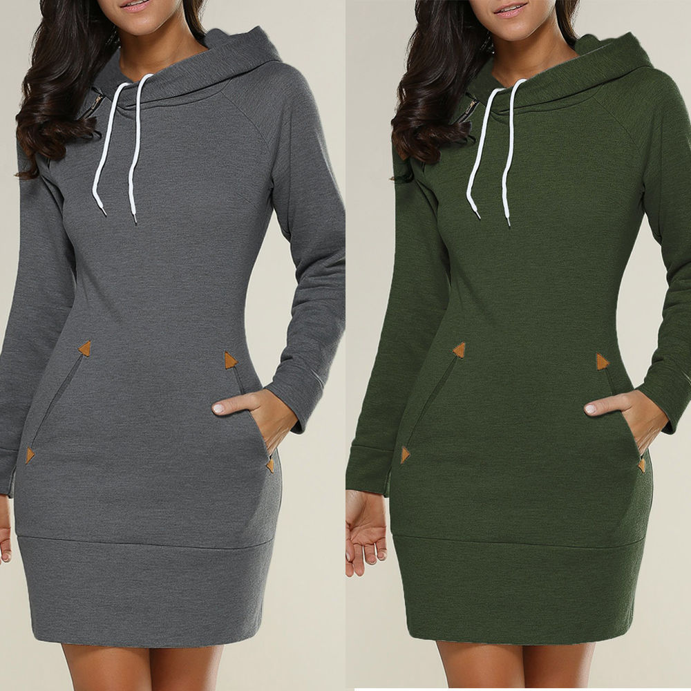 Frauen Lange Hoodies Sweatshirts Tasche Spleißen Pull-Seil Zipper Outwear Sweatshirt Einfarbig Hoodies Kleider