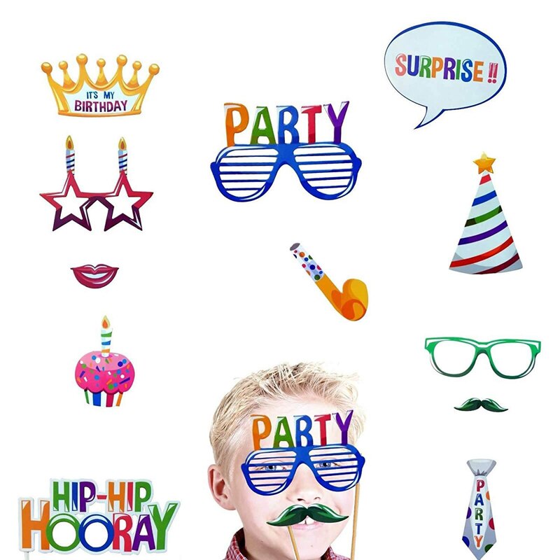 18 Pieces Birthday Photo Booth Props Hats,Glasses,Lips,Mustaches DIY Funny Props Kit for Birthday Party
