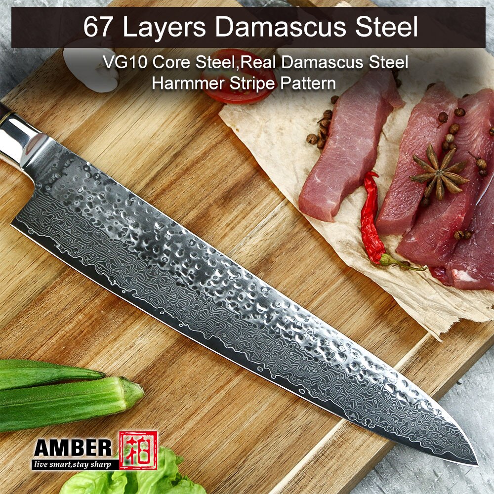 AMBER 10 inch Chef Knife 67 Layers VG10 Damascus Knife High Carbon Stainless Steel Forged Knives for Kitchen