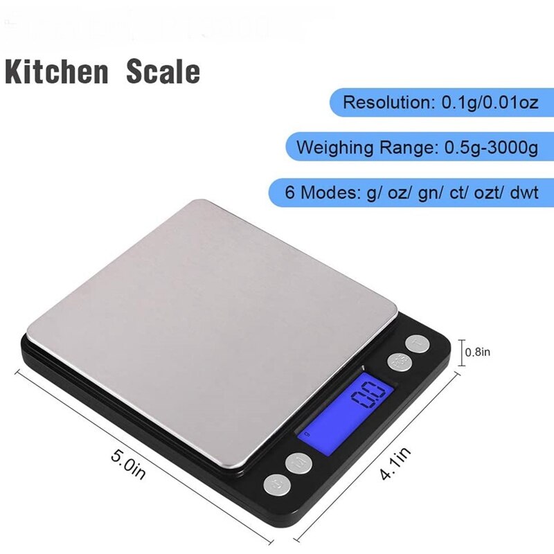 Digital Kitchen Scale 3000 G / 0.1 G Pocket Food Scale Conversion Gram Scale with 2 Trays Tare Function Gram Scale