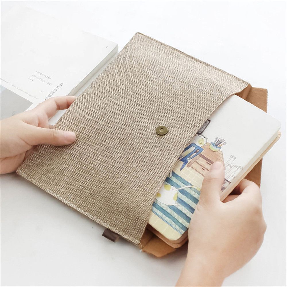 1pc Imitation Linen Canvas File Bag Button Closure Folder Bag Office Document Folder Storage File Organizer Office Desk Supplies