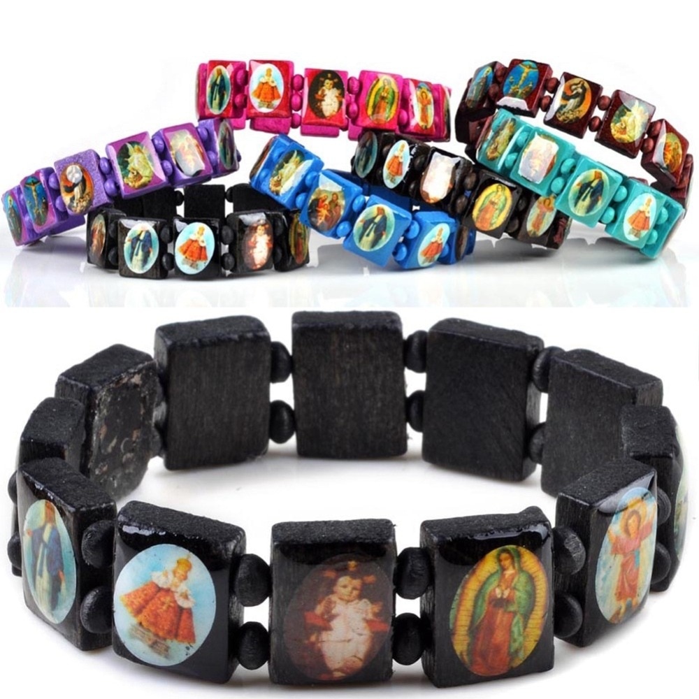Imixlot Jesus Wooden Saints Rosary Religious Bracelet Angel Bangle Catholic Icon Blessing Jewelry Pulseras Masculina