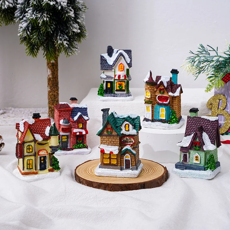 Christmas Decorations Resin Christmas Small House Micro-landscape Light Snow House Display A Christmas