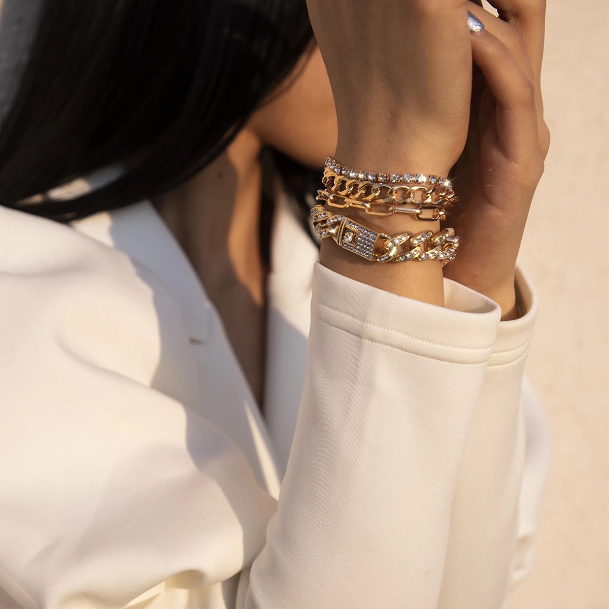 4 Stks/set Luxe Shiny Rhinestone Armbanden Set Bangle Vrouwen Mannen Verstelbare Clear Crystal Chunky Link Charm Armband Hand Sieraden