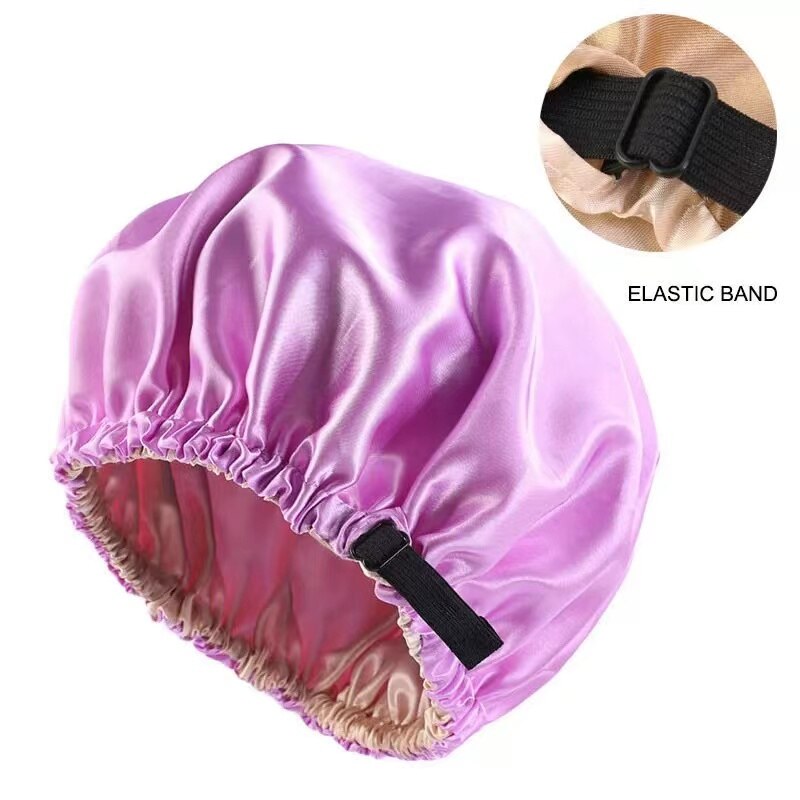 Satin Nightcap Invisible Flat Adjustment Buckle Simulated Silk Double Round Cap Makeup Washing Cap.: light purple