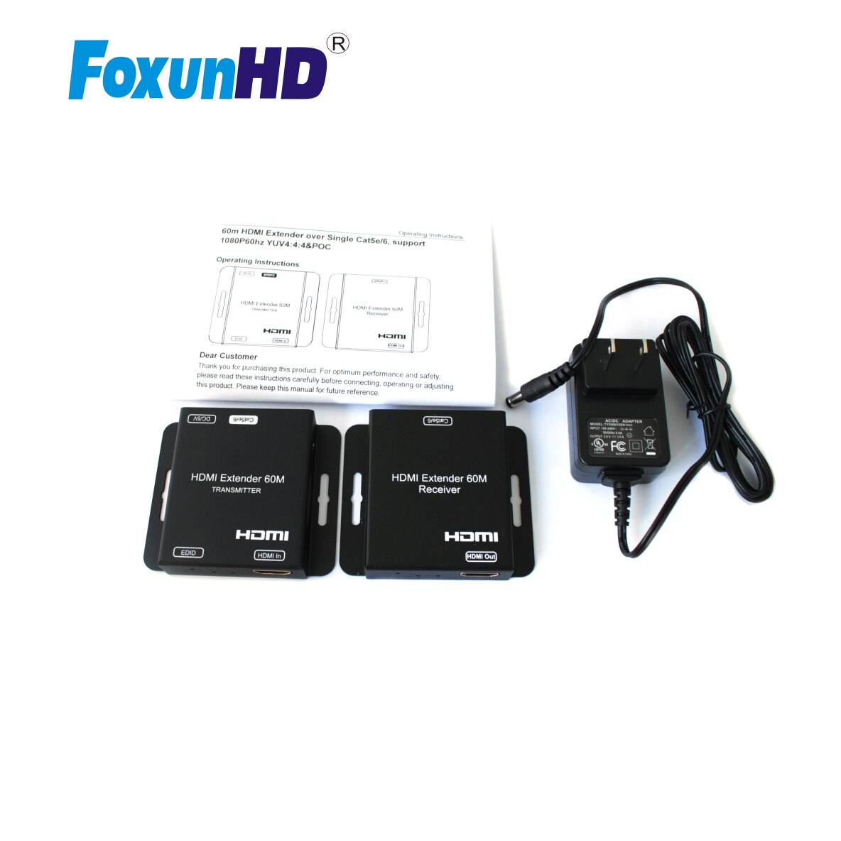 Foxun hdmiエクステンダー60メートルcat6ケーブルEX74サポート1080P60hz YUV444とpoc